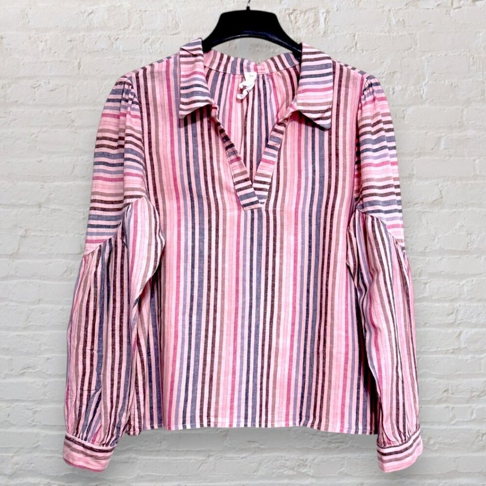 AMADI Pink Long Sleeve Stripe Linen Blouse Top Boho Pop Over Anthropologie L